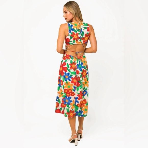 Gilli Tropical Floral Print Big Flowers Open Back Midi Dress - Picture 4 of 4
